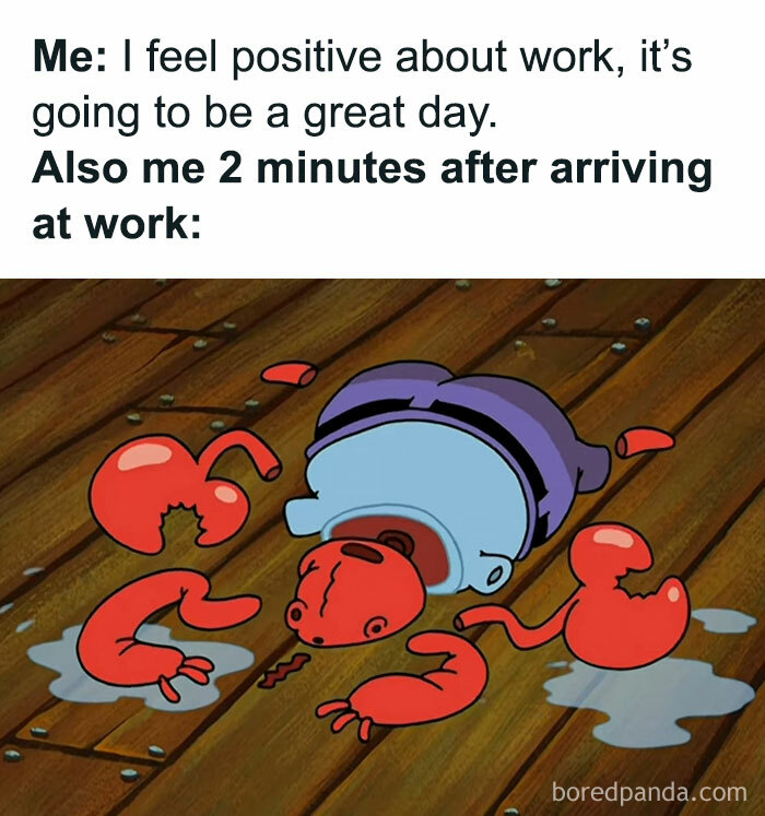 Cartoon character disassembled on floor, representing a funny relatable work meme about feeling overwhelmed shortly after starting work.