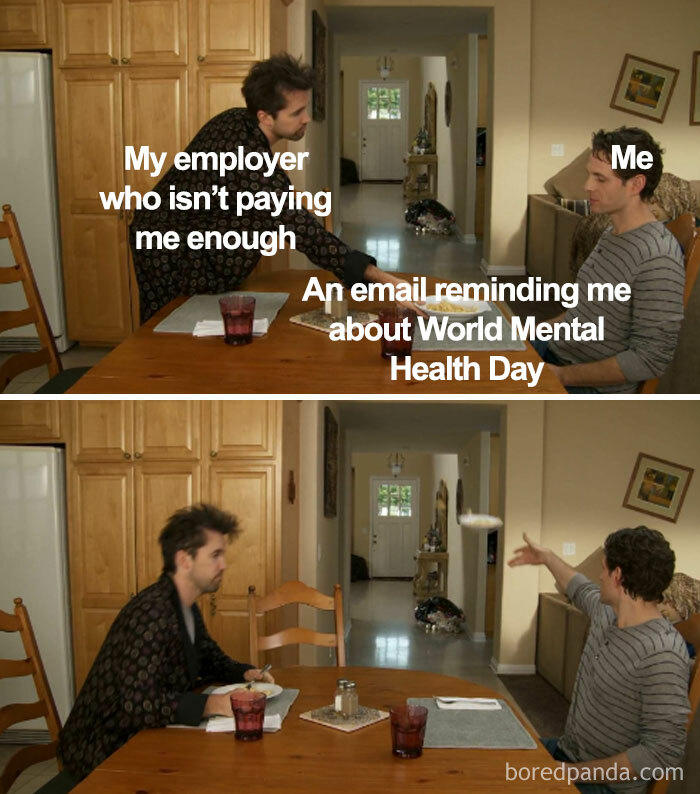 Two people at a table, one labeled "Me" throws paper, labeled "An email," at the other labeled "My employer." Funny work meme.