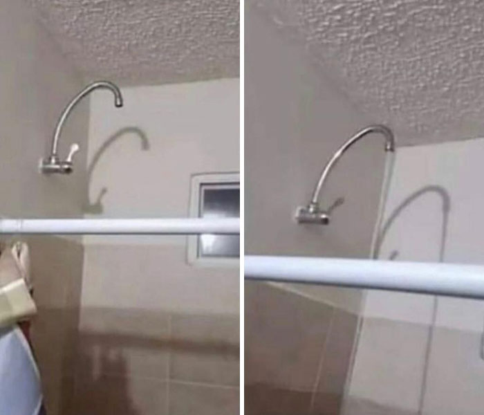 Failed repair of a shower with a mismatched pipe taped under the showerhead.