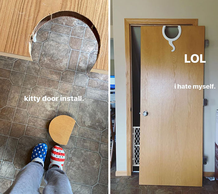 Failed repair attempt; misaligned cat door and comically misplaced hook on doors.