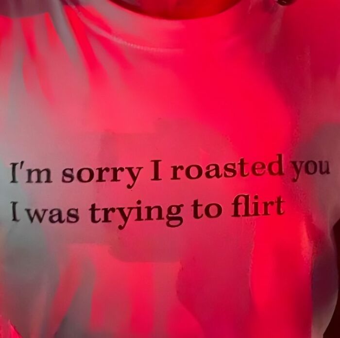 Camiseta divertida con texto en inglés sobre disculpas y coqueteo, ejemplo de camisetas tan divertidas como ridículas.
