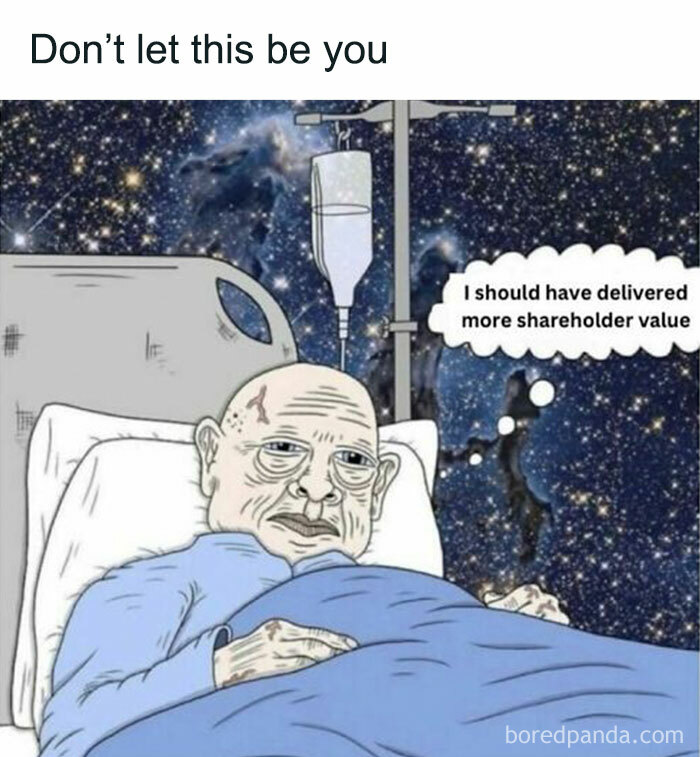 Elderly man in hospital bed humorously reflects on shareholder value, Wall Street meme background with stars.
