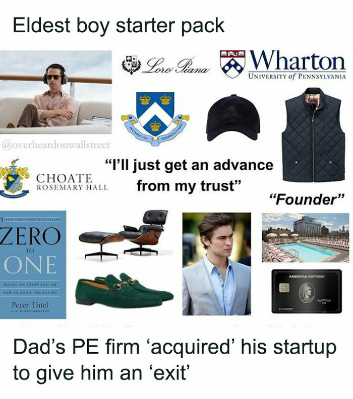 Wall Street meme with luxury brands, trust fund quotes, and elite education symbols in an "eldest boy starter pack."