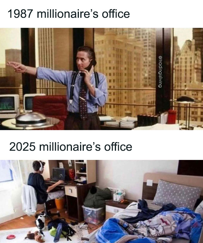 1987 vs 2025 millionaire's office meme comparing traditional and modern workspaces amid market changes.