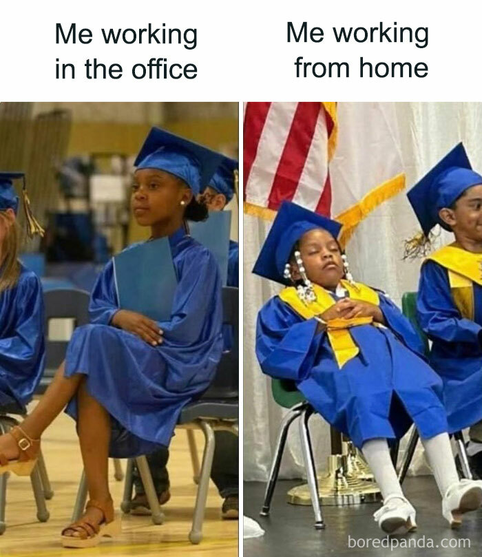 Graduates in blue gowns, one serious in office, one relaxed at home. "Overheard on Wall Street" meme humor.