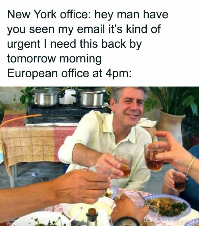 Man raising a glass, referencing "Overheard On Wall Street" humor about urgent emails between New York and European offices.