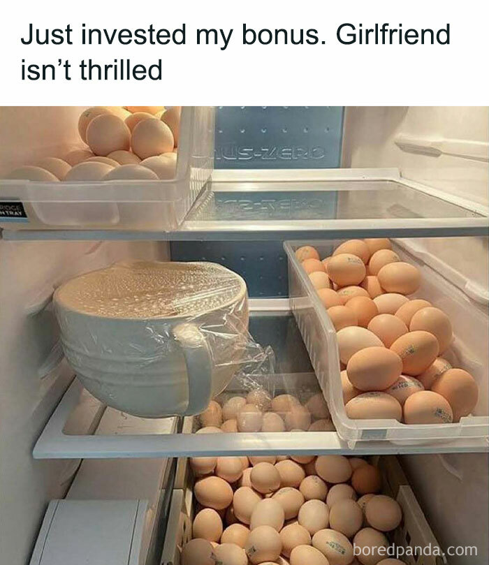 Refrigerator filled with eggs and a bowl, with text about investing bonus, reflecting Wall Street memes theme.
