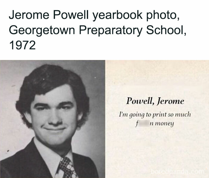 Retro yearbook style Wall Street meme featuring humorous money quote.
