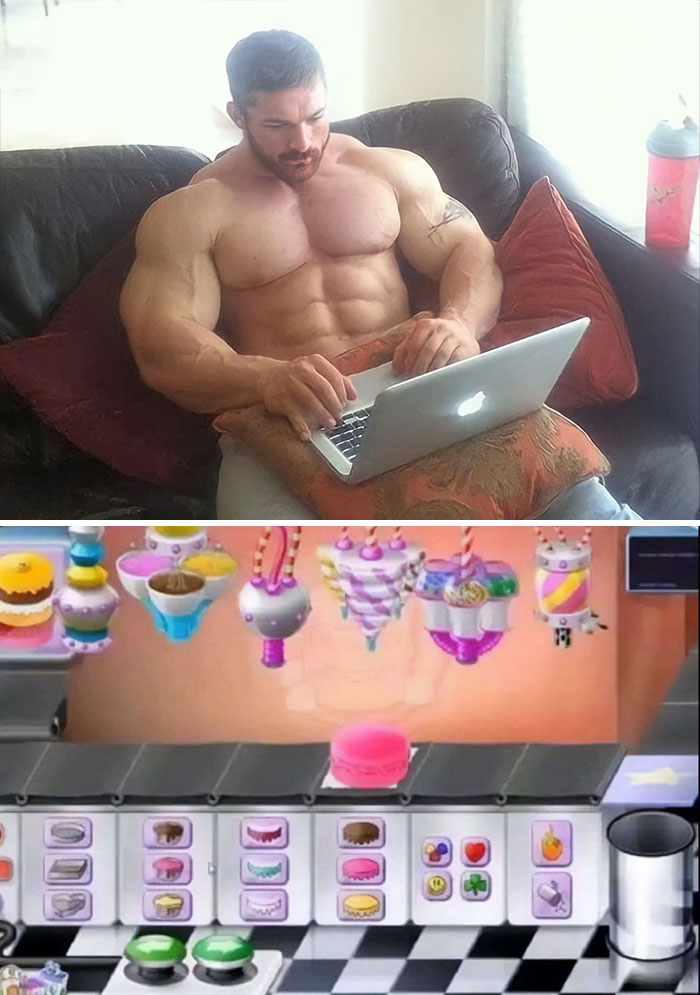 Muscular man using a laptop on a couch above a colorful cooking game interface; humorous "Pics That Go Hard" scene.