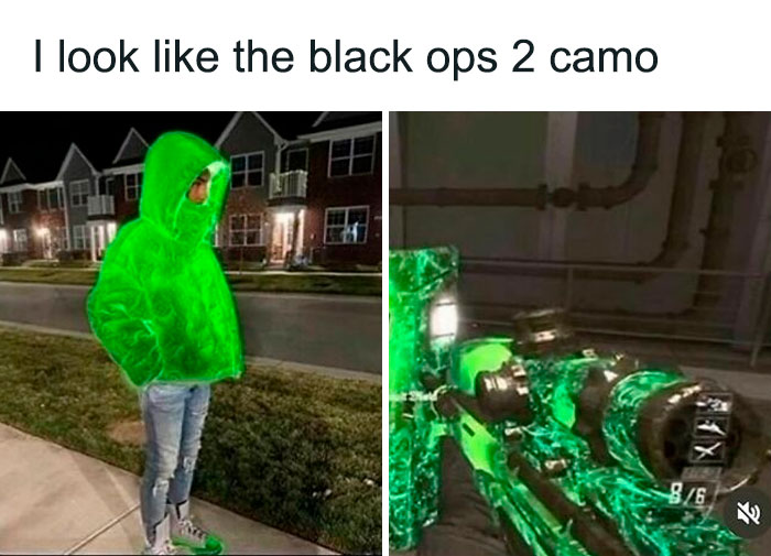 Person in neon green jacket compared to Black Ops 2 camo, next to shooter game screen.