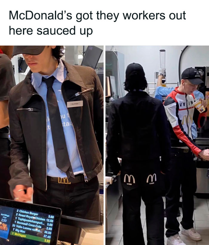 McDonald's workers in stylish uniforms serving customers, highlighting unique "Pics That Go Hard" fashion style.