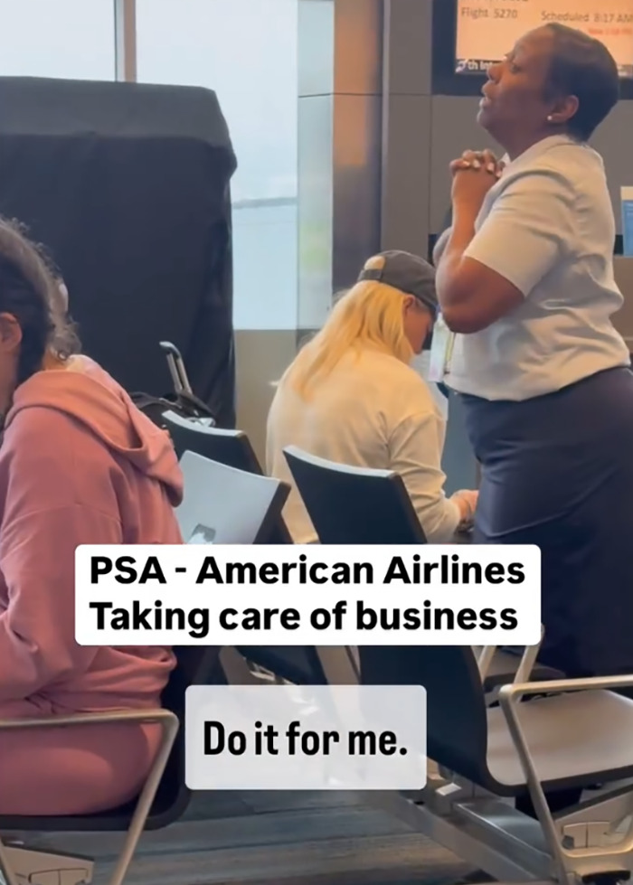 Airlines worker giving a passionate speech to frustrated passengers after a long flight delay.