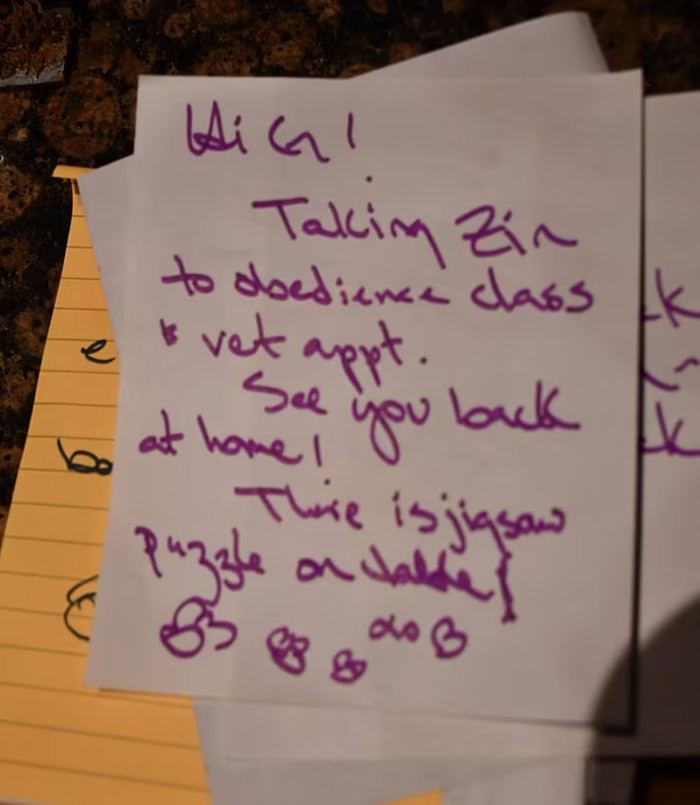 Gene Hackman's handwritten note to wife Betsy on white paper with purple ink.