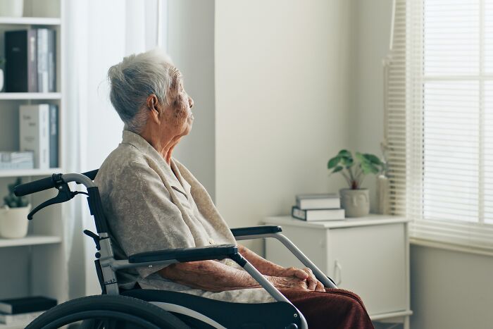 Elderly person in a wheelchair gazing out window, symbolizing realities of aging.