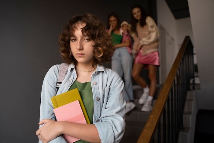 A young girl stands holding books on a stairway, while a group of peers are behind her, illustrating a bullying scenario.