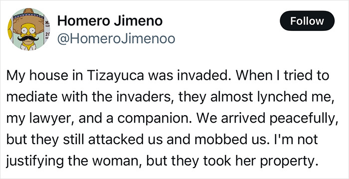 Tweet discussing an invasion in Tizayuca and confrontations with squatters over property issues. Tweet discussing an invasion in Tizayuca and confrontations with squatters over property issues.