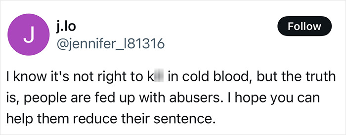 Tweet expressing frustration with abusers, mentioning a sentence reduction. Tweet expressing frustration with abusers, mentioning a sentence reduction.