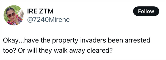 Tweet questioning if property invaders have been arrested, related to vigilantism and justice. Tweet questioning if property invaders have been arrested, related to vigilantism and justice.