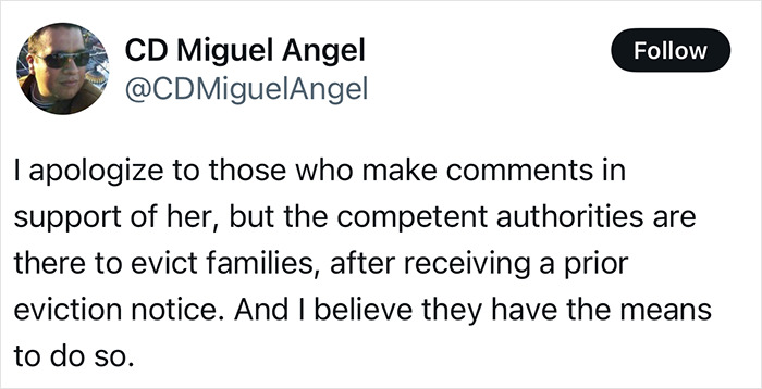 CD Miguel Angel tweet discussing eviction procedures and competent authorities, related to vigilante grandma incident. CD Miguel Angel tweet discussing eviction procedures and competent authorities, related to vigilante grandma incident.