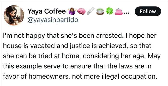 Tweet expressing support for a vigilante grandma's actions regarding squatters and advocating for homeowner rights. Tweet expressing support for a vigilante grandma's actions regarding squatters and advocating for homeowner rights.