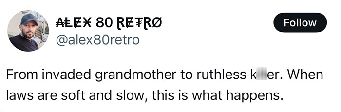 Tweet by user alex80retro discussing a grandmother's transformation into a ruthless vigilante. Tweet by user alex80retro discussing a grandmother's transformation into a ruthless vigilante.