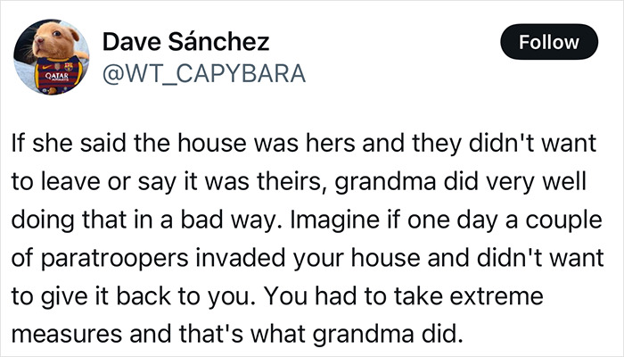Tweet discussing a grandma dealing with home squatters and taking extreme measures for justice. Tweet discussing a grandma dealing with home squatters and taking extreme measures for justice.