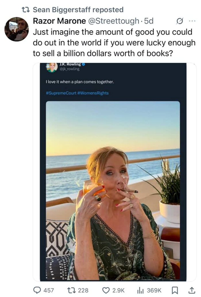 JK Rowling in luxury setting, sparking reaction from Harry Potter star over trans rights remarks.