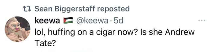 Tweet repost questioning if she's Andrew Tate, referencing JK Rowling in a trans ruling context.