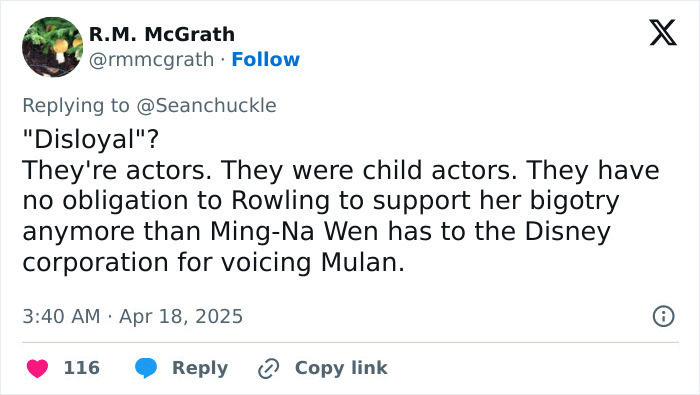 Tweet criticizing JK Rowling's views on trans issues and discussing actors' obligations.