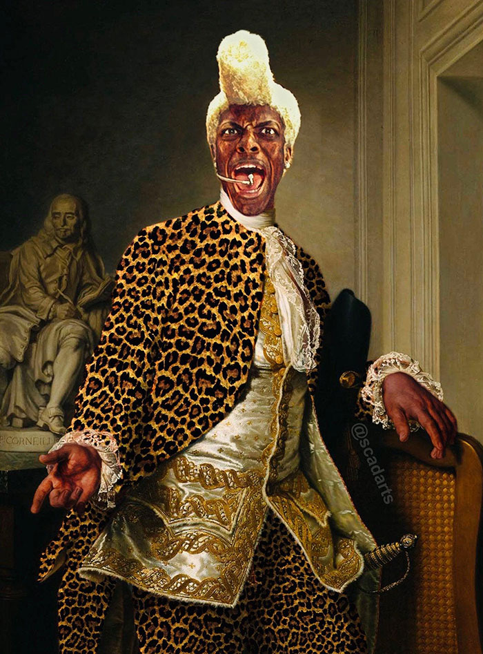 Man in a leopard print coat, amusing expression; a hilarious depiction ensuring life is never boring.