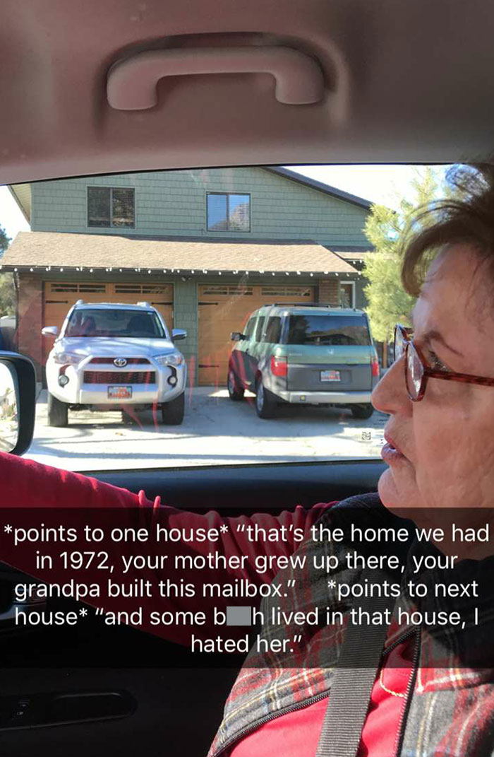 Elderly person's humorous story while pointing at houses from a car, showcasing their witty personality.