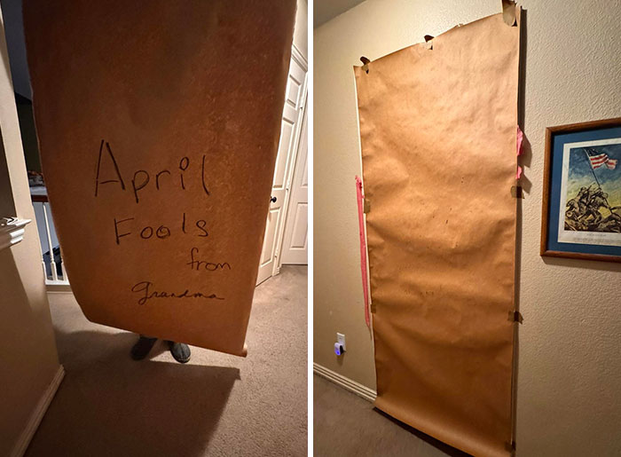 Grandma's April Fools prank with a large paper sheet blocking a doorway.