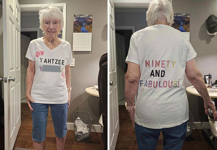Elderly woman wearing a playful "Yahtzee" and "Ninety and Fabulous" t-shirt, embracing humor and style.