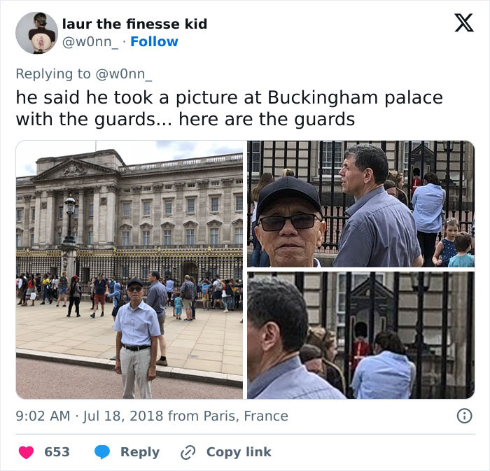 Elderly man humorously posing as guard outside Buckingham Palace gates, enjoying the moment.