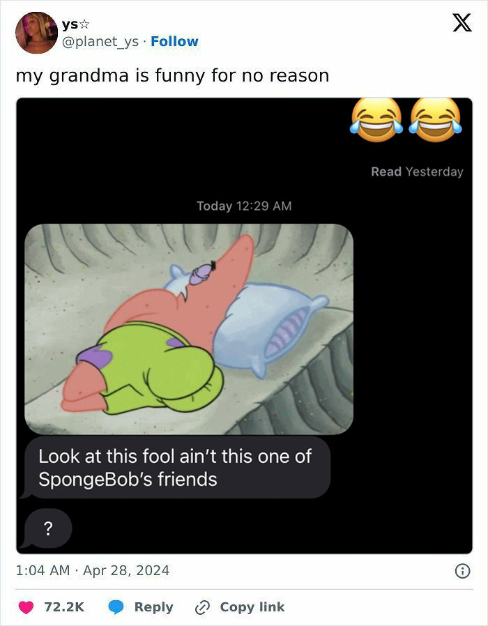 Elderly person humorously compares Patrick Star to someone else in a text message.