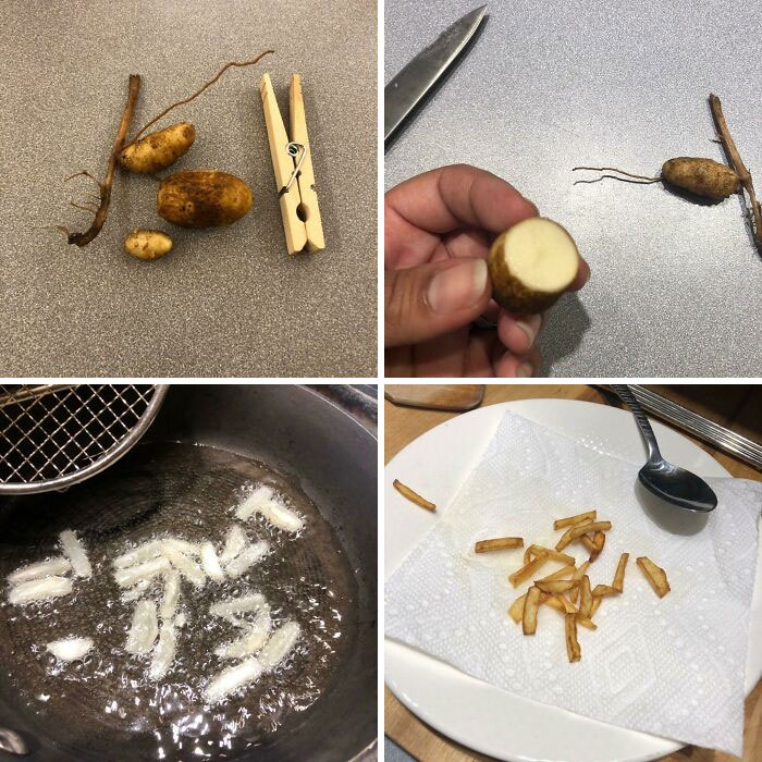 Tiny potatoes with clothespin, a small slice in hand, frying, and minimal fries on a plate. Bad day meal attempt.