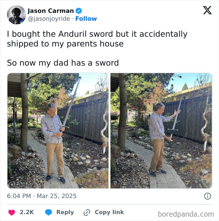 Man holding a sword mistakenly sent to his parents' house, standing in a garden.