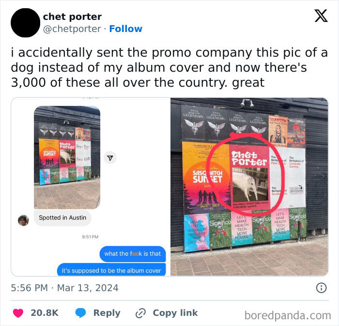 Promo poster mix-up with dog photo instead of album cover, likely ruining someone's day. Text exchange shows disbelief.