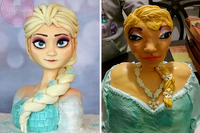 Cake fails inspired by a popular animated character, with one looking perfect and the other significantly less so.