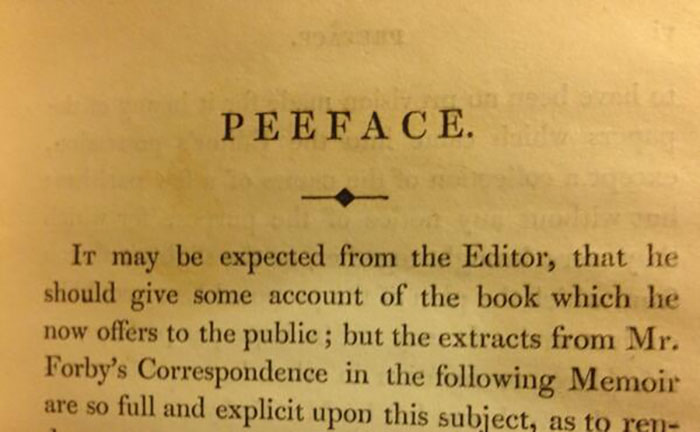 Book page showing a typo with "peeface" instead of "preface," illustrating a humorous and unfortunate printing error.