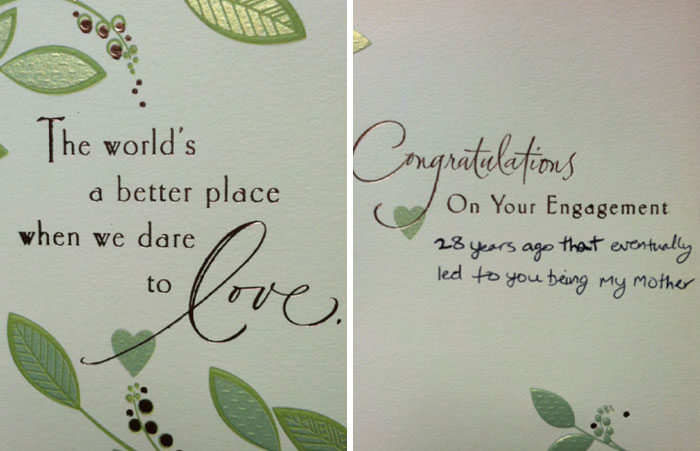 Funny greeting card with a message about love and a humorous engagement note causing an awkward day.
