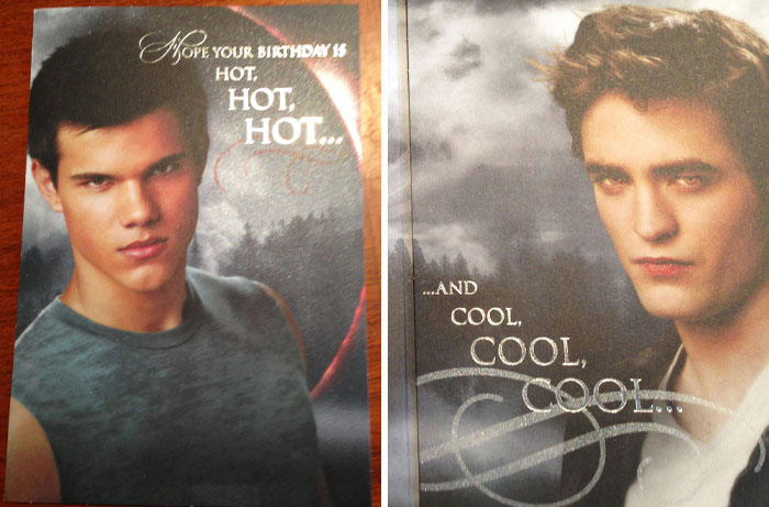 Two birthday cards with contrasting "hot" and "cool" messages.