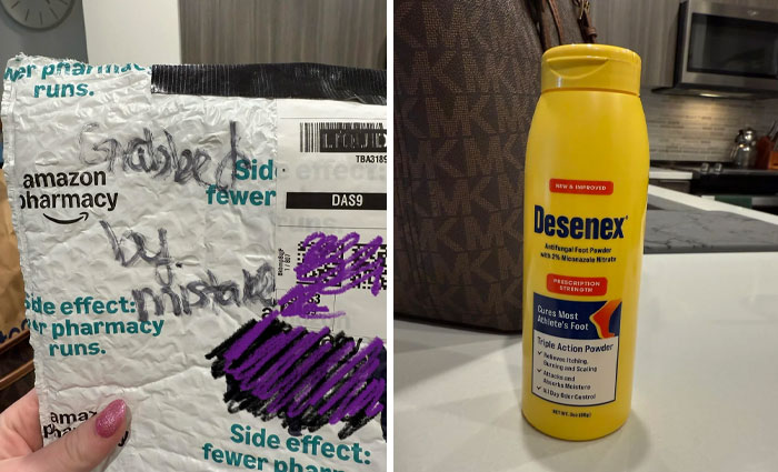 Amazon package marked "grabbed by mistake" and bottle of Desenex on a countertop, illustrating a worse day experience.