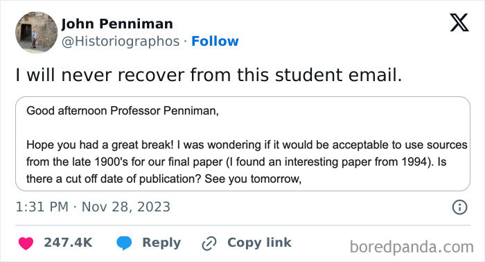 Student email misunderstanding about using sources from the 1900s.