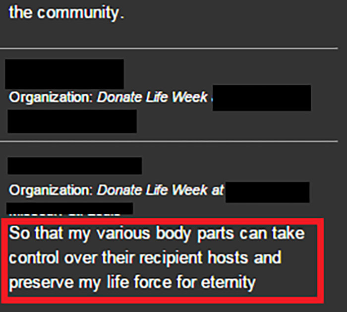 Text shows a comical response in a donation form, highlighting awkward moments and worse day experiences.