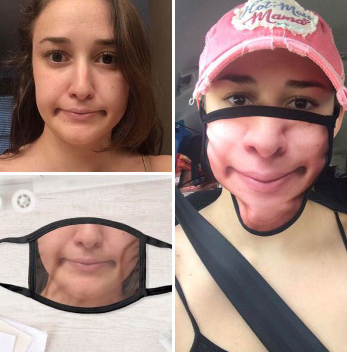 Close-ups of people wearing unusual face masks featuring exaggerated smiles, highlighting awkward moments.