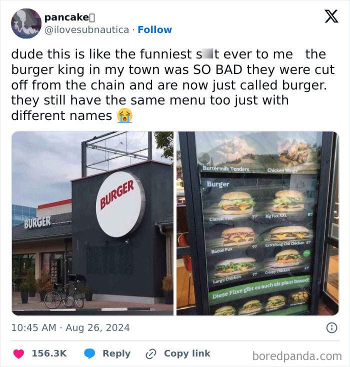 Restaurant rebranded as "Burger" with menu items renamed, showcasing a humorous twist on a bad day experience.