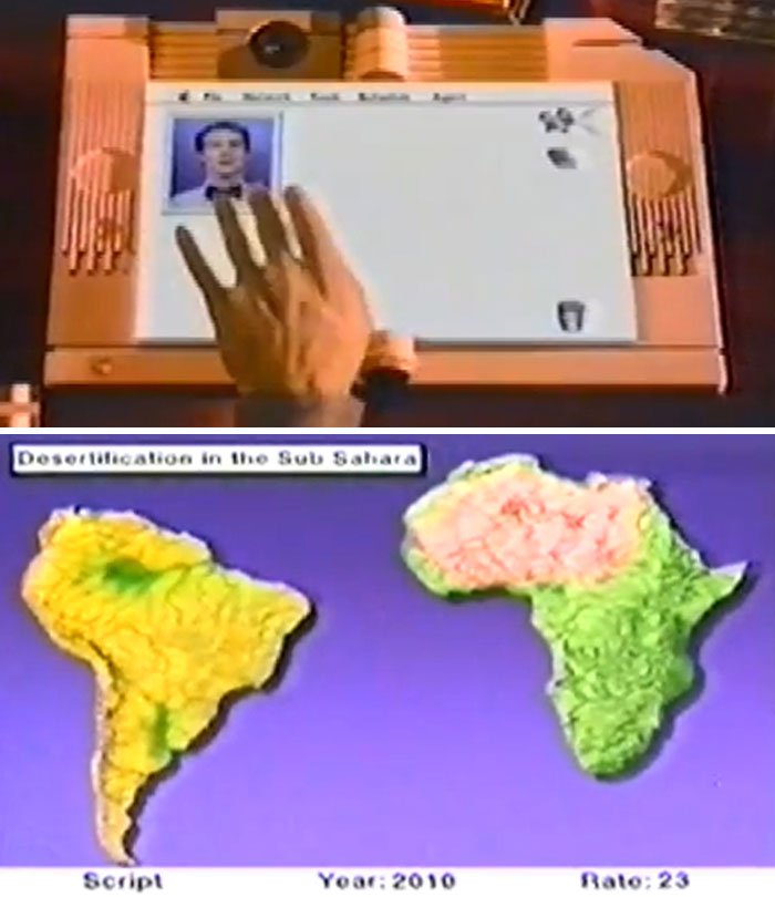 A futuristic device predicts desertification in Africa, showing maps and data about potential environmental changes.