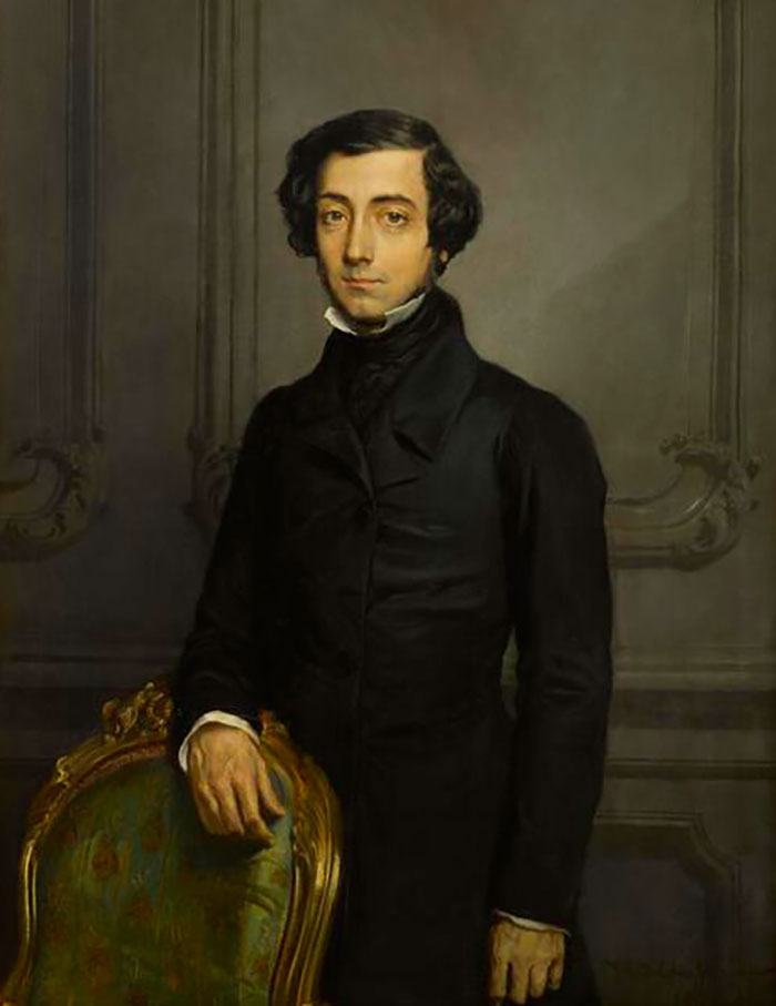 Well-dressed man in a historical portrait, standing by an ornate chair, representing historical predictions.