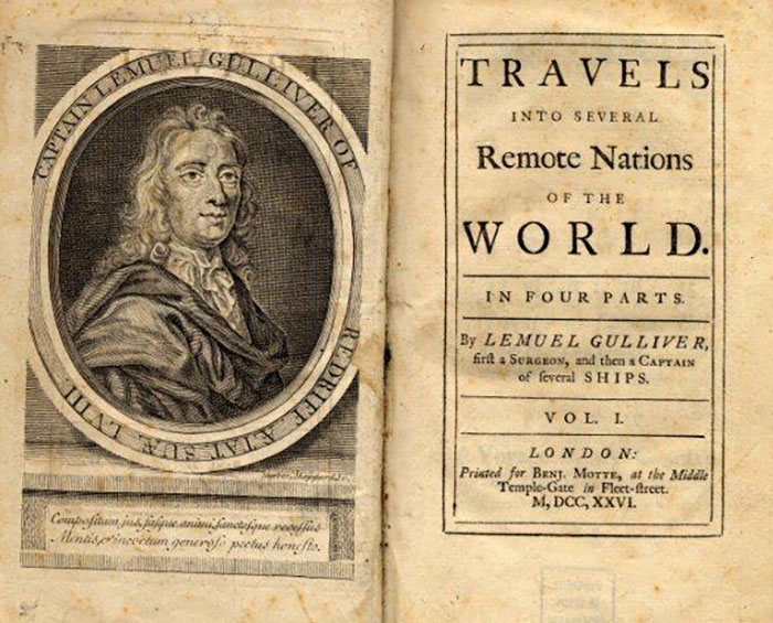 Portrait and title page of "Gulliver's Travels," a classic that predicted major historical events.